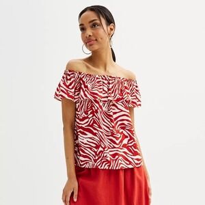 Nine West Zebra Print Red White Ruffled Off Shoulder Top Womens Plus Size XXL‎